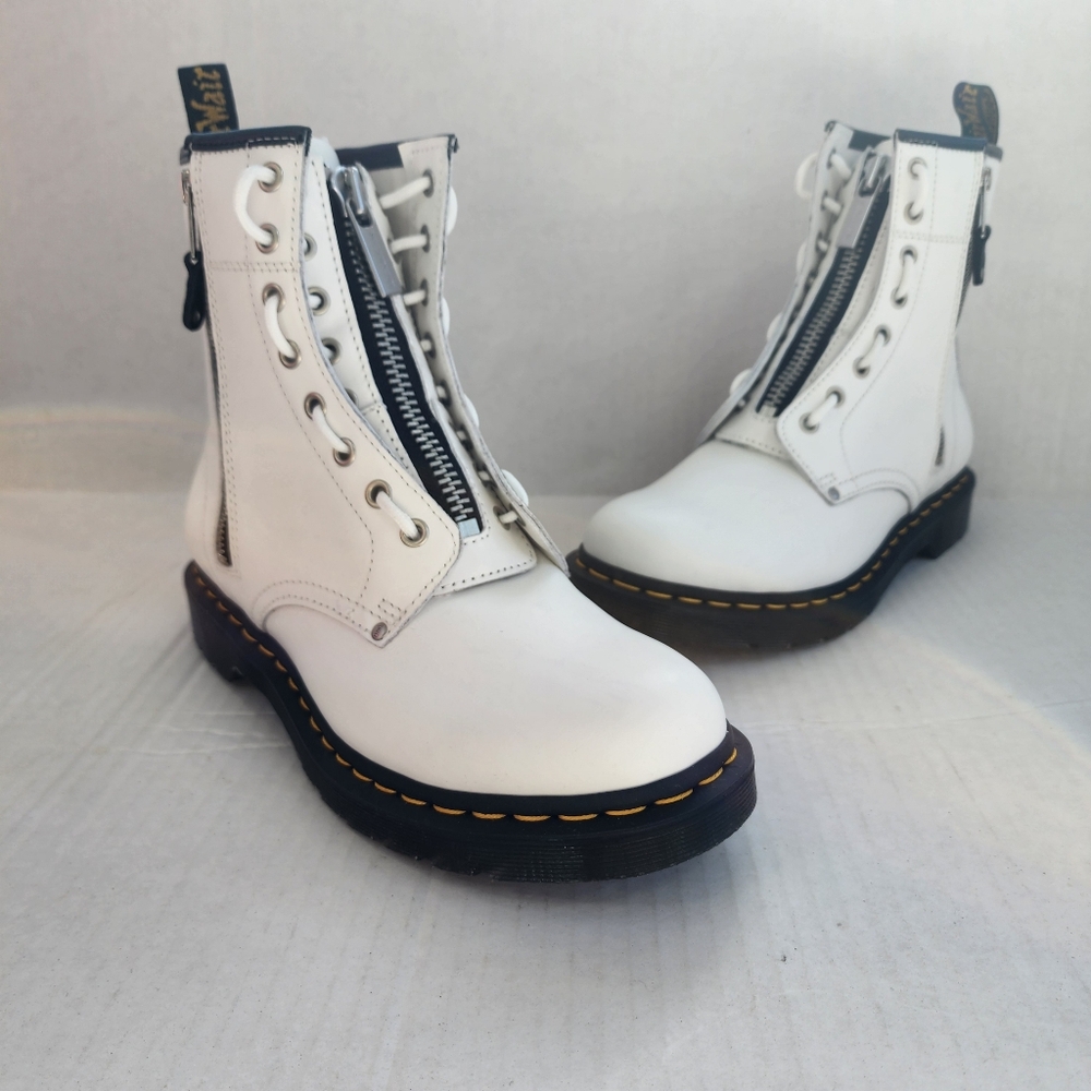 DR. MARTENS AIRWAIR DOUBLE ZIP WHITE LEATHER LACE UP COMBAT BOOTS SENDEL - Picture 2 of 16